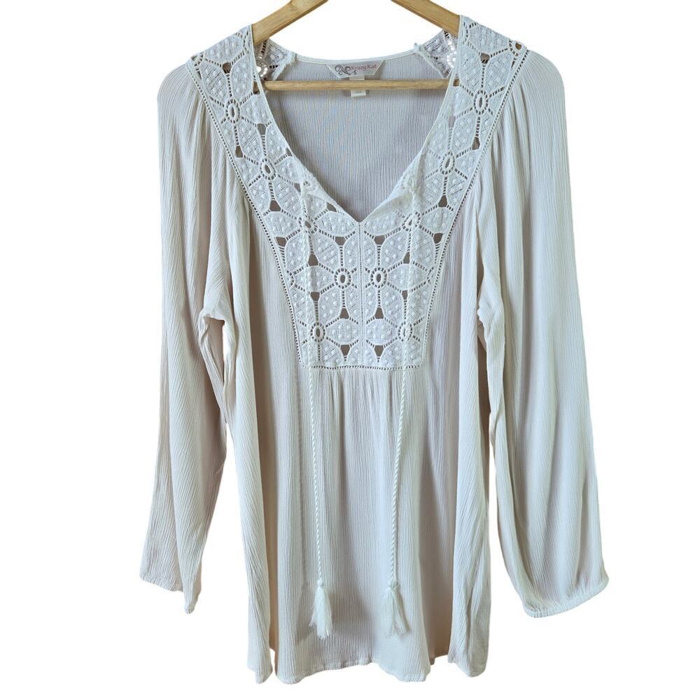 Krazy Kat Womens Ivory Floral Crochet Blouse L Tassels Boho Cottage Prairie